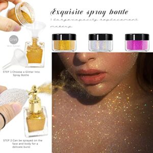 NewBang Body Glitter Spray,Sliver Gold Pink Glitter Powder,Shimmer Highlighter Loose Powder Glitter Makeup for Body Face Hair Clothes Nail Art Craft Design 3 Colors-with 1 Empty Spray Bottle