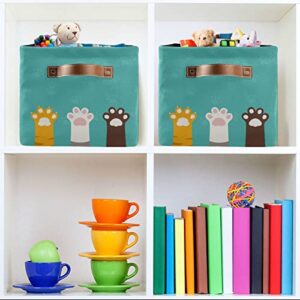 Kigai Foldable Rectangular Storage Baskets - Fabric Shelves Storage Bins with Leather Handles for Organizing Closet Clothes, Toys, Towels, Bedroom, Bathroom, Nursery, Office (Cute Cat Paws,1 PCS)