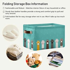 Kigai Foldable Rectangular Storage Baskets - Fabric Shelves Storage Bins with Leather Handles for Organizing Closet Clothes, Toys, Towels, Bedroom, Bathroom, Nursery, Office (Cute Cat Paws,1 PCS)