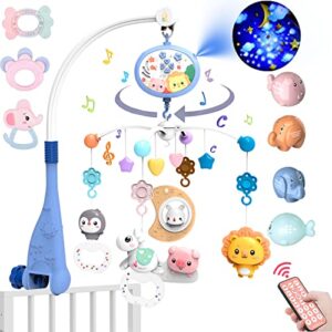 remote control crib toy,with remote starry sky projector and crib hanging toy, can be rotated 360°,timed,musical,baby cradle mobile toy, suitable for newborn baby gifts (blue + charging models)