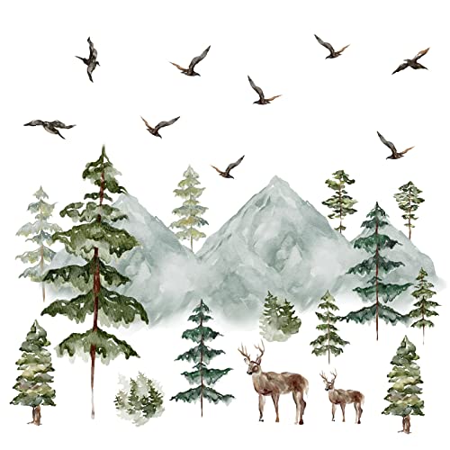 Mountain Wall Decals Large Pine Tree Wall Decals Peel and Stick Forest Tree Woodland Deer Birds Animal Wall Decals Mountain Tree Wall Stickers for Kids Room Nursery Decor