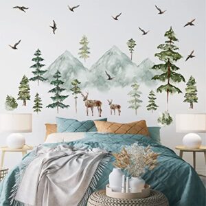 Mountain Wall Decals Large Pine Tree Wall Decals Peel and Stick Forest Tree Woodland Deer Birds Animal Wall Decals Mountain Tree Wall Stickers for Kids Room Nursery Decor