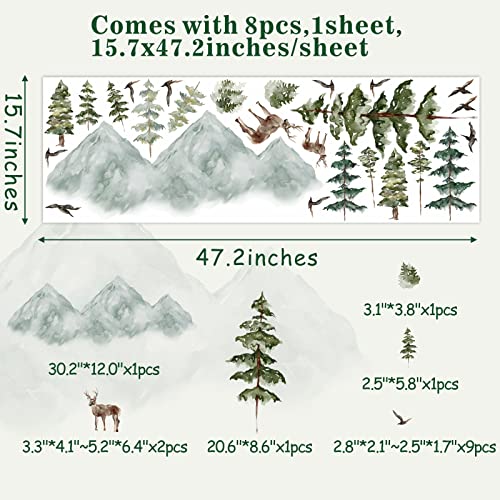 Mountain Wall Decals Large Pine Tree Wall Decals Peel and Stick Forest Tree Woodland Deer Birds Animal Wall Decals Mountain Tree Wall Stickers for Kids Room Nursery Decor