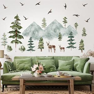 Mountain Wall Decals Large Pine Tree Wall Decals Peel and Stick Forest Tree Woodland Deer Birds Animal Wall Decals Mountain Tree Wall Stickers for Kids Room Nursery Decor