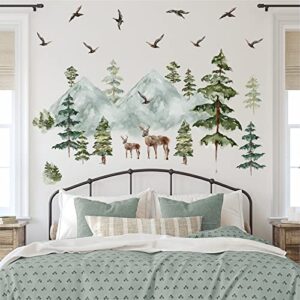 Mountain Wall Decals Large Pine Tree Wall Decals Peel and Stick Forest Tree Woodland Deer Birds Animal Wall Decals Mountain Tree Wall Stickers for Kids Room Nursery Decor