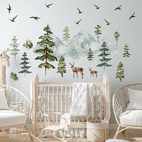 Mountain Wall Decals Large Pine Tree Wall Decals Peel and Stick Forest Tree Woodland Deer Birds Animal Wall Decals Mountain Tree Wall Stickers for Kids Room Nursery Decor