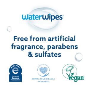 WaterWipes Plastic-Free Original Baby Wipes, 99.9% Water Based Wipes, Unscented & Hypoallergenic for Sensitive Skin, 300 Count (5 packs), Packaging May Vary