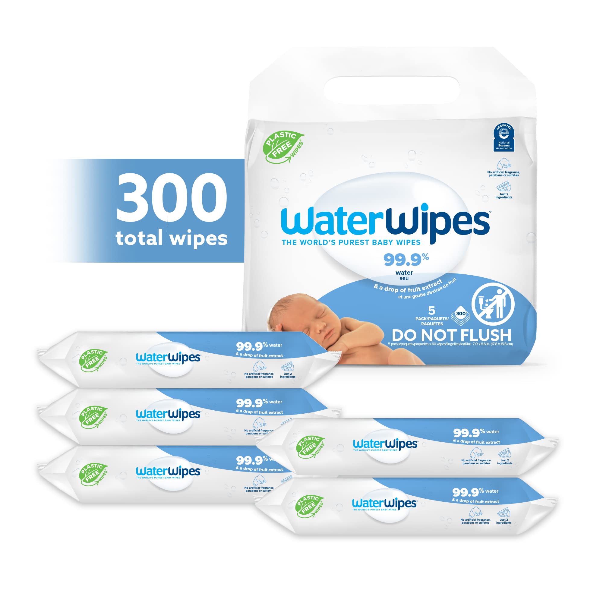 WaterWipes Plastic-Free Original Baby Wipes, 99.9% Water Based Wipes, Unscented & Hypoallergenic for Sensitive Skin, 300 Count (5 packs), Packaging May Vary