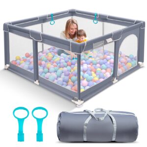 suposeu baby playpen for toddler, 50”×50” large baby playard, indoor & outdoor kids activity center, sturdy safety play yard with soft breathable mesh, grey
