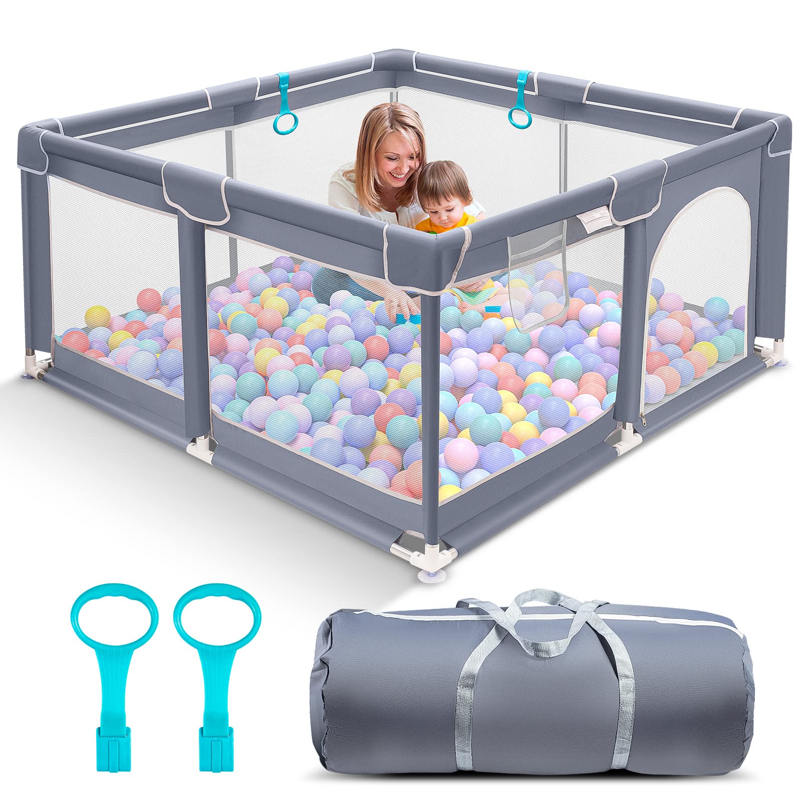 Suposeu Baby Playpen for Toddler, 50”×50” Large Baby Playard, Indoor & Outdoor Kids Activity Center, Sturdy Safety Play Yard with Soft Breathable Mesh, Grey