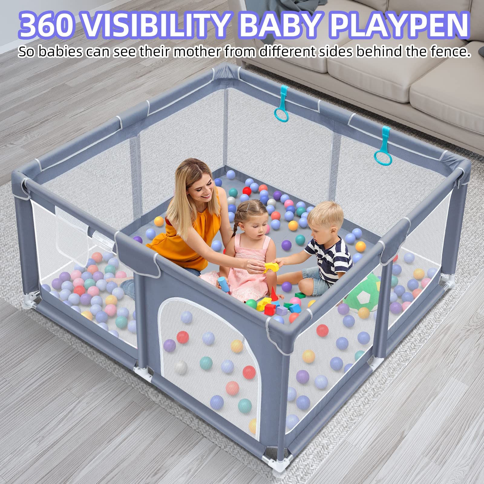 Suposeu Baby Playpen for Toddler, 50”×50” Large Baby Playard, Indoor & Outdoor Kids Activity Center, Sturdy Safety Play Yard with Soft Breathable Mesh, Grey