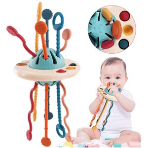 baby sensory toys, montessori pull string airplane travel toys for toddlers 1-3, montessori toys for babies 6-12 months ufo silicone pull string activity toy dawnier pull toy