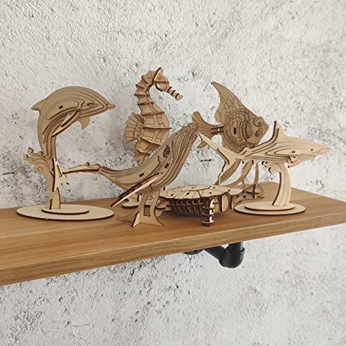 3D Wooden Sea Animal Puzzle - 6 Piece Set Wood Sea Animals Skeleton Assembly Model Kits - Wooden Crafts DIY Brain Teaser Puzzle - STEM Toys Gifts for Kids and Adults Teens Boys Girls