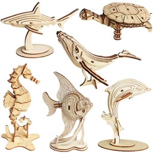 3d wooden sea animal puzzle - 6 piece set wood sea animals skeleton assembly model kits - wooden crafts diy brain teaser puzzle - stem toys gifts for kids and adults teens boys girls