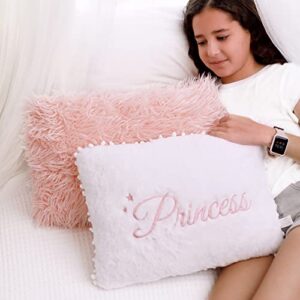set of 2 decorative pillows for girls, toddler kids room. white fluffy princess pillow embroidered and furry pink faux fur pillow. soft and plush girls pillows – throw pillows for kid’s bedroom décor