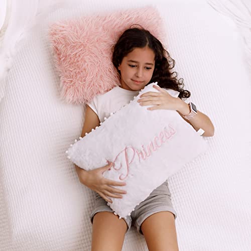 Set of 2 Decorative Pillows for Girls, Toddler Kids Room. White Fluffy Princess Pillow Embroidered and Furry Pink Faux Fur Pillow. Soft and Plush Girls Pillows – Throw Pillows for Kid’s Bedroom Décor