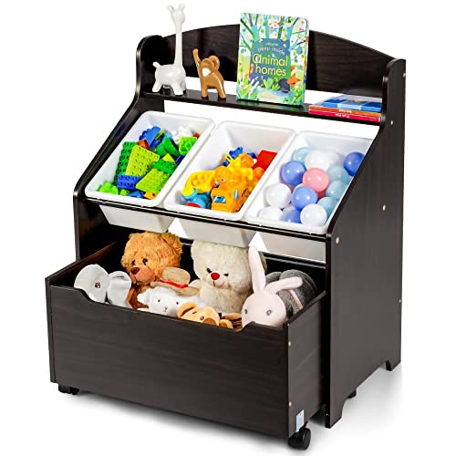 Kids Toy Storage Organizer, -3 Removable Plastic Bins,Wooden Rolling Toy Box and Plastic Bins in Bedroom Study Room Playrooms Nursery for Infants Baby Young Children (black)