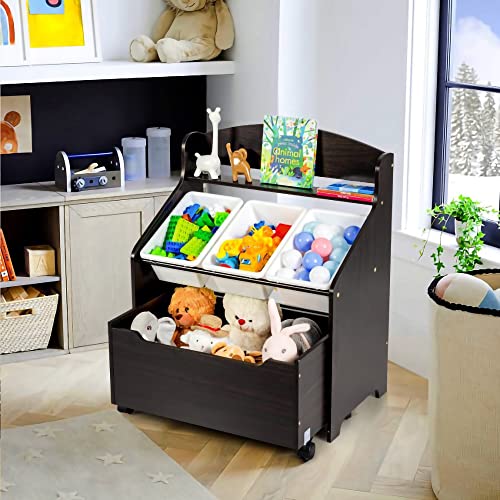 Kids Toy Storage Organizer, -3 Removable Plastic Bins,Wooden Rolling Toy Box and Plastic Bins in Bedroom Study Room Playrooms Nursery for Infants Baby Young Children (black)