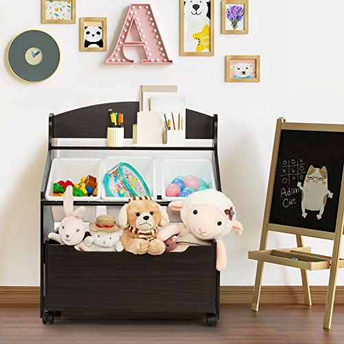 Kids Toy Storage Organizer, -3 Removable Plastic Bins,Wooden Rolling Toy Box and Plastic Bins in Bedroom Study Room Playrooms Nursery for Infants Baby Young Children (black)