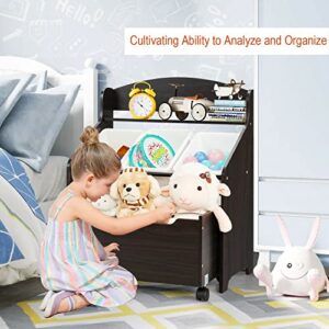 Kids Toy Storage Organizer, -3 Removable Plastic Bins,Wooden Rolling Toy Box and Plastic Bins in Bedroom Study Room Playrooms Nursery for Infants Baby Young Children (black)