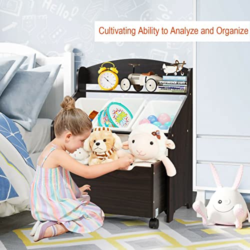 Kids Toy Storage Organizer, -3 Removable Plastic Bins,Wooden Rolling Toy Box and Plastic Bins in Bedroom Study Room Playrooms Nursery for Infants Baby Young Children (black)