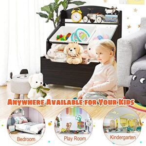 Kids Toy Storage Organizer, -3 Removable Plastic Bins,Wooden Rolling Toy Box and Plastic Bins in Bedroom Study Room Playrooms Nursery for Infants Baby Young Children (black)