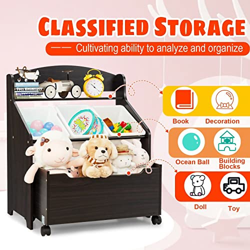 Kids Toy Storage Organizer, -3 Removable Plastic Bins,Wooden Rolling Toy Box and Plastic Bins in Bedroom Study Room Playrooms Nursery for Infants Baby Young Children (black)