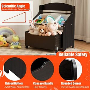 Kids Toy Storage Organizer, -3 Removable Plastic Bins,Wooden Rolling Toy Box and Plastic Bins in Bedroom Study Room Playrooms Nursery for Infants Baby Young Children (black)