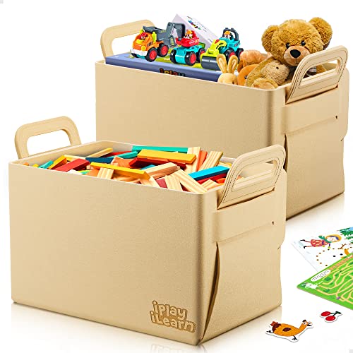 iPlay, iLearn 2pcs Kids Toy Box Storage Organizers, Felt Fabric Foldable Toy Storage Bins & Chests for Boys, Girls, Toddlers Room, Toybox for Playroom, Bedroom, Nursery, Living Room 15.7"x10.8"x10"