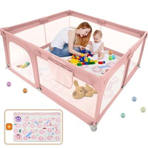 baby playpen, baby playpen with mat, playpen for babies and toddlers 71"l x 60"w x 26"d indoor large playpen safety baby fence play area, valentines day gifts for kids (pink)