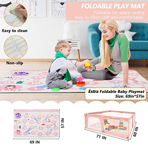 Baby Playpen, Baby Playpen with Mat, Playpen for Babies and Toddlers 71"L x 60"W x 26"D Indoor Large Playpen Safety Baby Fence Play Area, Valentines Day Gifts for Kids (Pink)