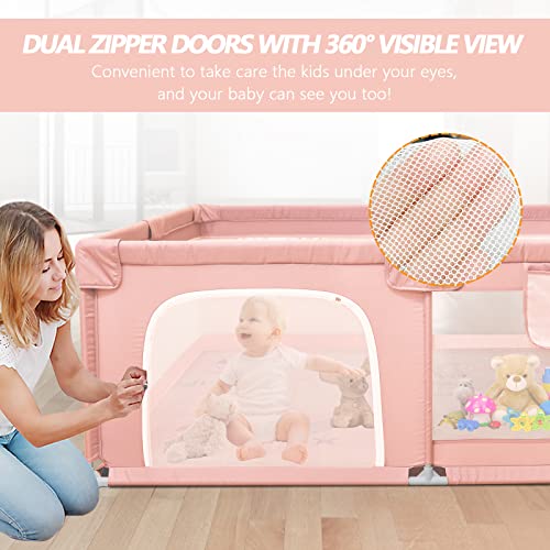 Baby Playpen, Baby Playpen with Mat, Playpen for Babies and Toddlers 71"L x 60"W x 26"D Indoor Large Playpen Safety Baby Fence Play Area, Valentines Day Gifts for Kids (Pink)