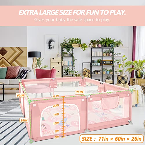 Baby Playpen, Baby Playpen with Mat, Playpen for Babies and Toddlers 71"L x 60"W x 26"D Indoor Large Playpen Safety Baby Fence Play Area, Valentines Day Gifts for Kids (Pink)