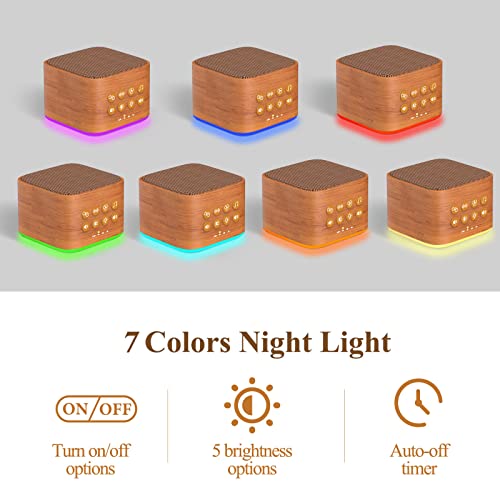 Wooden White Noise Sound Machine for Sleeping with 20 Soothing Sounds | 7 Colors Night Light, Volume Control & Sleep Timer, Plug in or Battery Operated, Portable Sleep Machine for Travel, Kids Adults