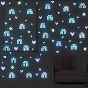 Boho Rainbow Wall Decor Stickers Small Rainbow Wall Decal Watercolor Rainbow Heart Sun Star Wall Stickers for Girls Boys Baby Bedroom Nursery Wall Decor (Luminous Blue)