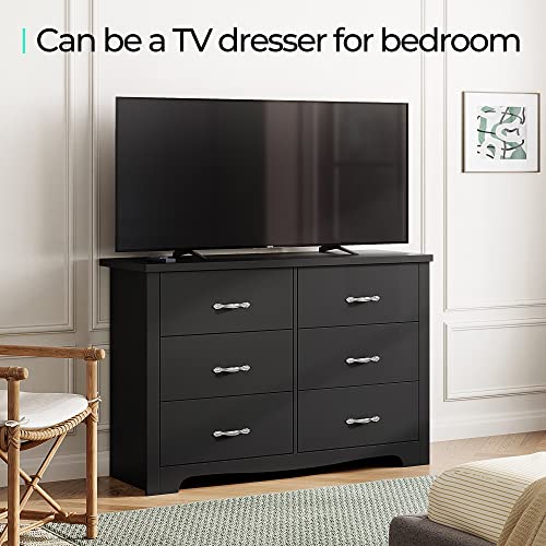 LINSY HOME 6 Drawer Dresser, Black Dresser for Bedroom, Nursery Dresser Organizer, Chest of Drawers for Kids Bedroom