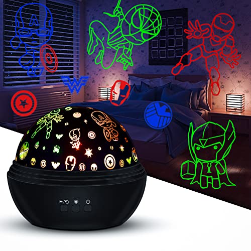 Night Light Projector for Kids Superhero Toys for Boys, 360 Degree Rotation Baby Night Lights with Super Hero Figures and Star Theme, Birthday Party Festival Decor(Black)