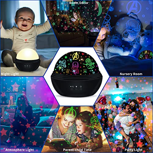 Night Light Projector for Kids Superhero Toys for Boys, 360 Degree Rotation Baby Night Lights with Super Hero Figures and Star Theme, Birthday Party Festival Decor(Black)