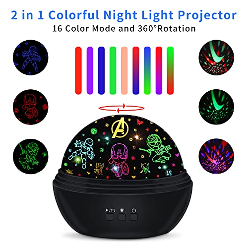 Night Light Projector for Kids Superhero Toys for Boys, 360 Degree Rotation Baby Night Lights with Super Hero Figures and Star Theme, Birthday Party Festival Decor(Black)