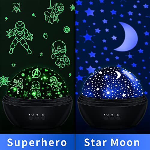 Night Light Projector for Kids Superhero Toys for Boys, 360 Degree Rotation Baby Night Lights with Super Hero Figures and Star Theme, Birthday Party Festival Decor(Black)