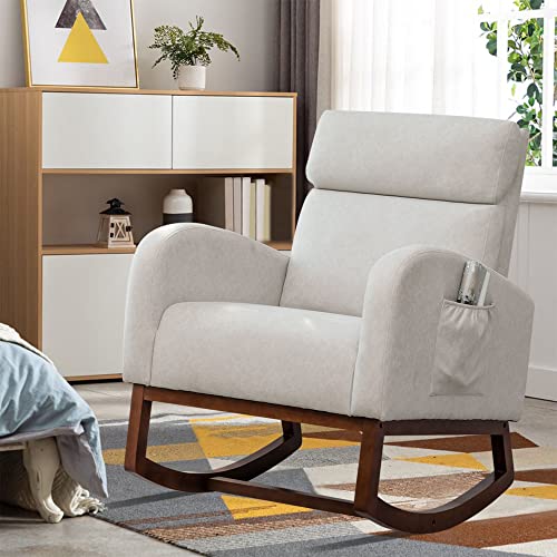 Andeworld Rocking Chair Nursery,Living Room Accent Glider Chair,Upholstered High-Back Armchair for Baby Nursery,Faux Suede Comfy Side Chair for Living Room,Bedroom,Beige