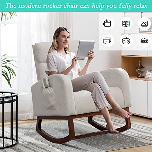 Andeworld Rocking Chair Nursery,Living Room Accent Glider Chair,Upholstered High-Back Armchair for Baby Nursery,Faux Suede Comfy Side Chair for Living Room,Bedroom,Beige