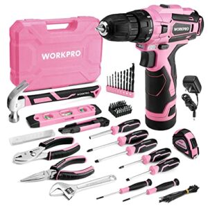 workpro pink tool set with power drill, 108pcs portable ladies pink drill kit for home with toolbox including pink hammer, 1.5 ah cordless hand drills with keyless chuck and variable speed trigger
