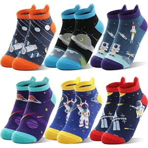 welwoos kids boys ankle socks no show low cut funny cute cartoon novelty cotton socks 6 pairs gifts stocking stuffers for boys kids(space,5-8 y)