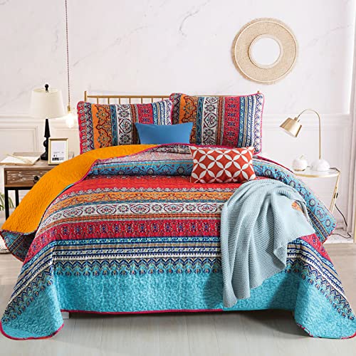 Boho Queen Quilt Set, Orange and Blue Bohemian Queen Quilt Bedding Set, Lightweight Bed Decor Bedspread for All Season 96"x90"(3 Pieces)