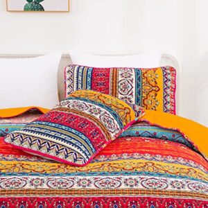 Boho Queen Quilt Set, Orange and Blue Bohemian Queen Quilt Bedding Set, Lightweight Bed Decor Bedspread for All Season 96"x90"(3 Pieces)