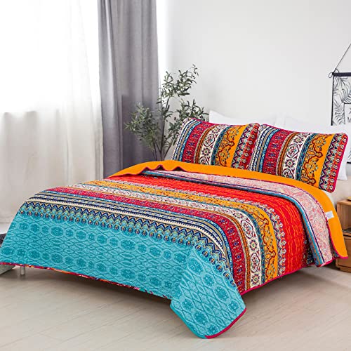 Boho Queen Quilt Set, Orange and Blue Bohemian Queen Quilt Bedding Set, Lightweight Bed Decor Bedspread for All Season 96"x90"(3 Pieces)