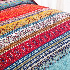 Boho Queen Quilt Set, Orange and Blue Bohemian Queen Quilt Bedding Set, Lightweight Bed Decor Bedspread for All Season 96"x90"(3 Pieces)