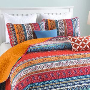 Boho Queen Quilt Set, Orange and Blue Bohemian Queen Quilt Bedding Set, Lightweight Bed Decor Bedspread for All Season 96"x90"(3 Pieces)