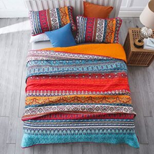 Boho Queen Quilt Set, Orange and Blue Bohemian Queen Quilt Bedding Set, Lightweight Bed Decor Bedspread for All Season 96"x90"(3 Pieces)